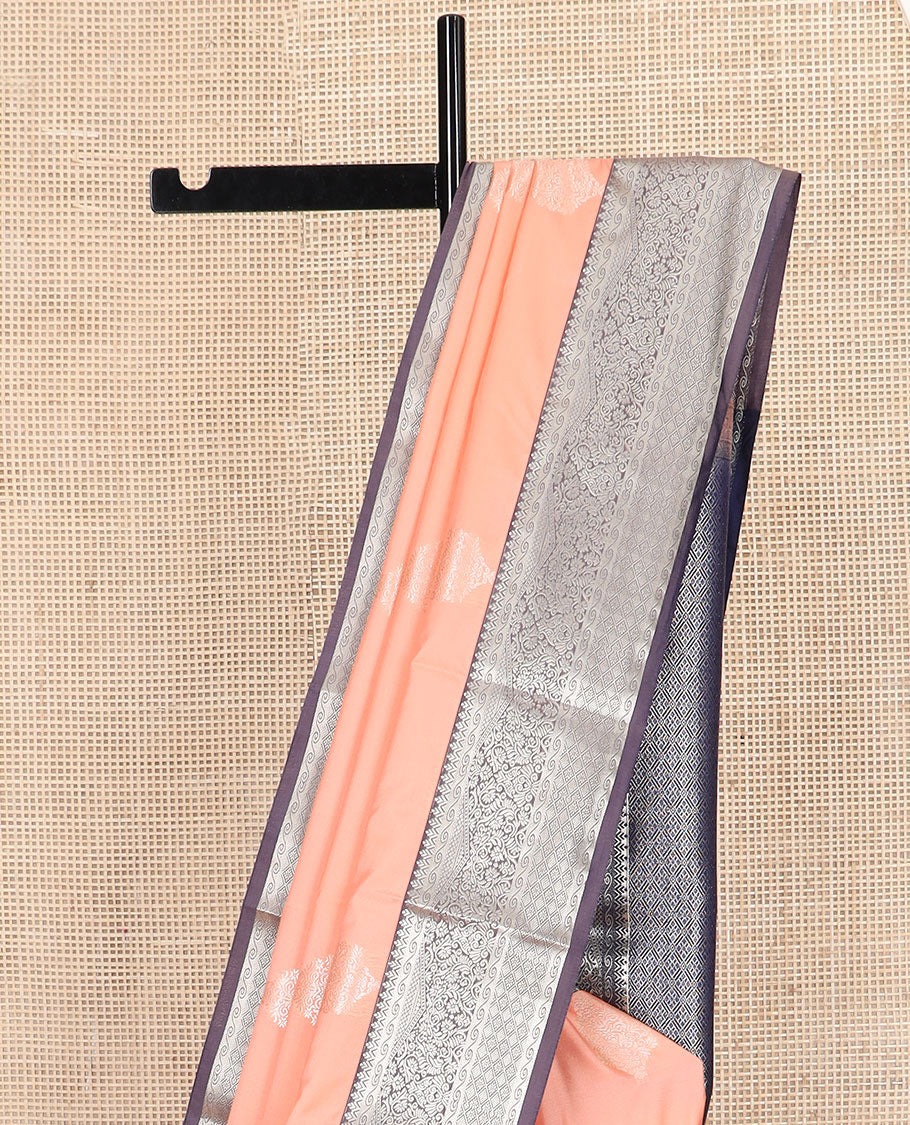 Orange zari buttas soft silk saree, contrast traditional zari design border, and jaal pallu