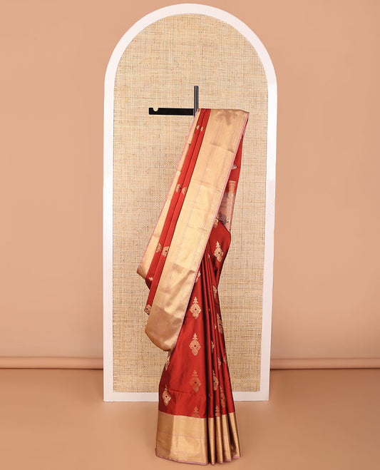 Red floral design semi soft silk saree with floral design border &  paisley design pallu