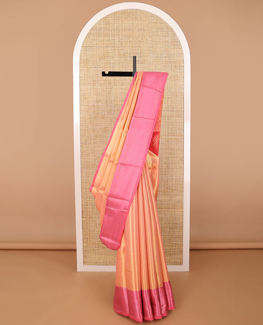 Orange striped semi tissue saree with contrast zari design border & floral design pallu