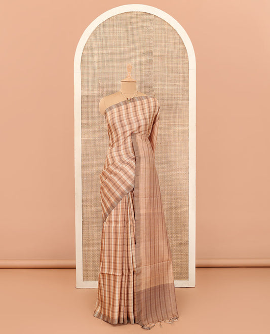 Borderless sandal and brown solid checked tussar silk saree with self-pallu