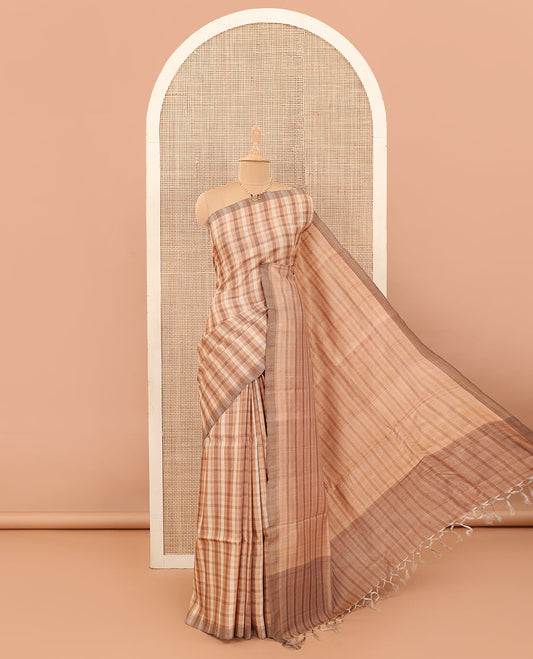 Borderless sandal and brown solid checked tussar silk saree with self-pallu
