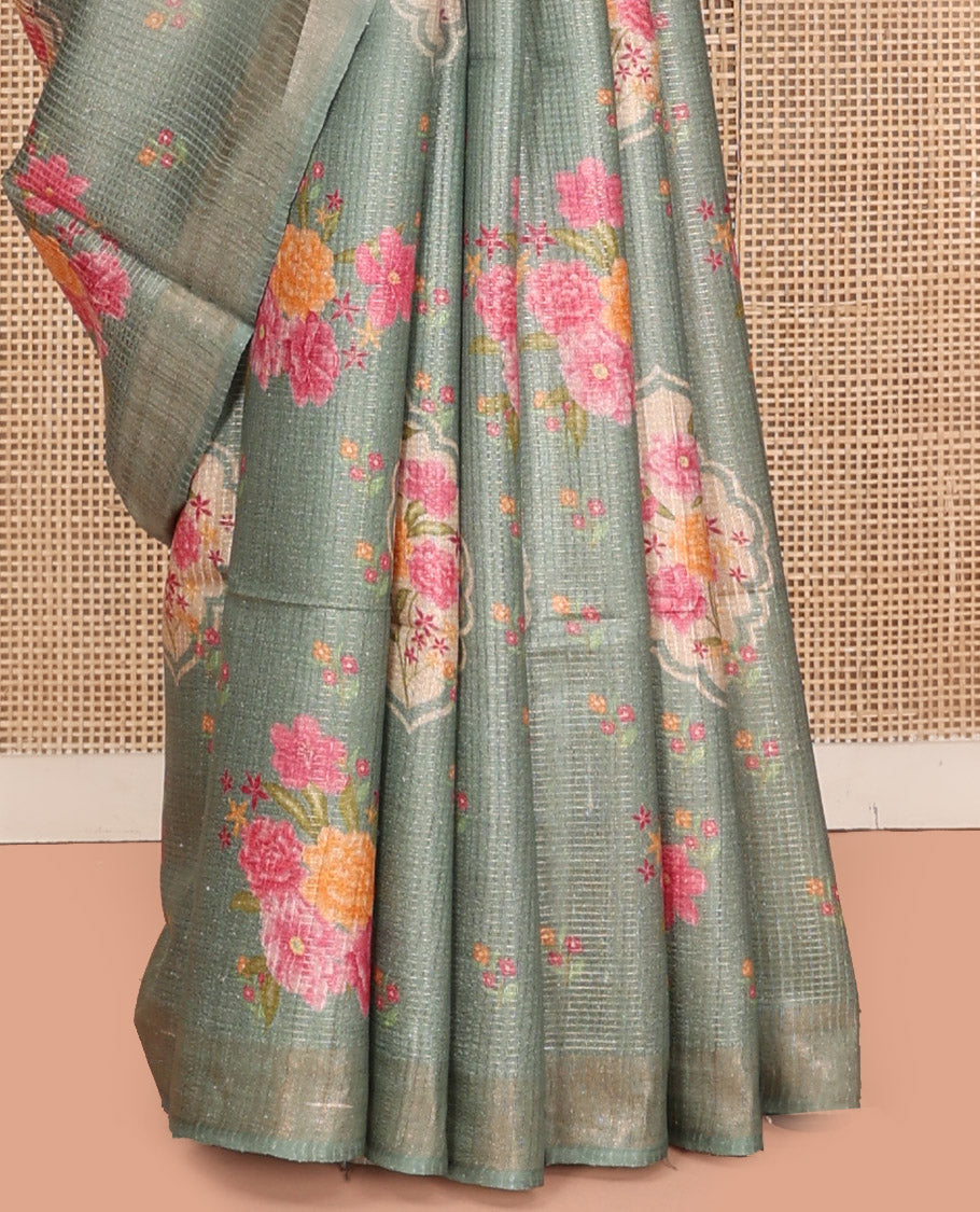 Green Tussar Silk Saree, Embellished with Floral Motifs Print and Sparley Woven Checked Design on Its Body, a Subtle Border, Pallu of Stripes, and Paired with a Matching Blouse