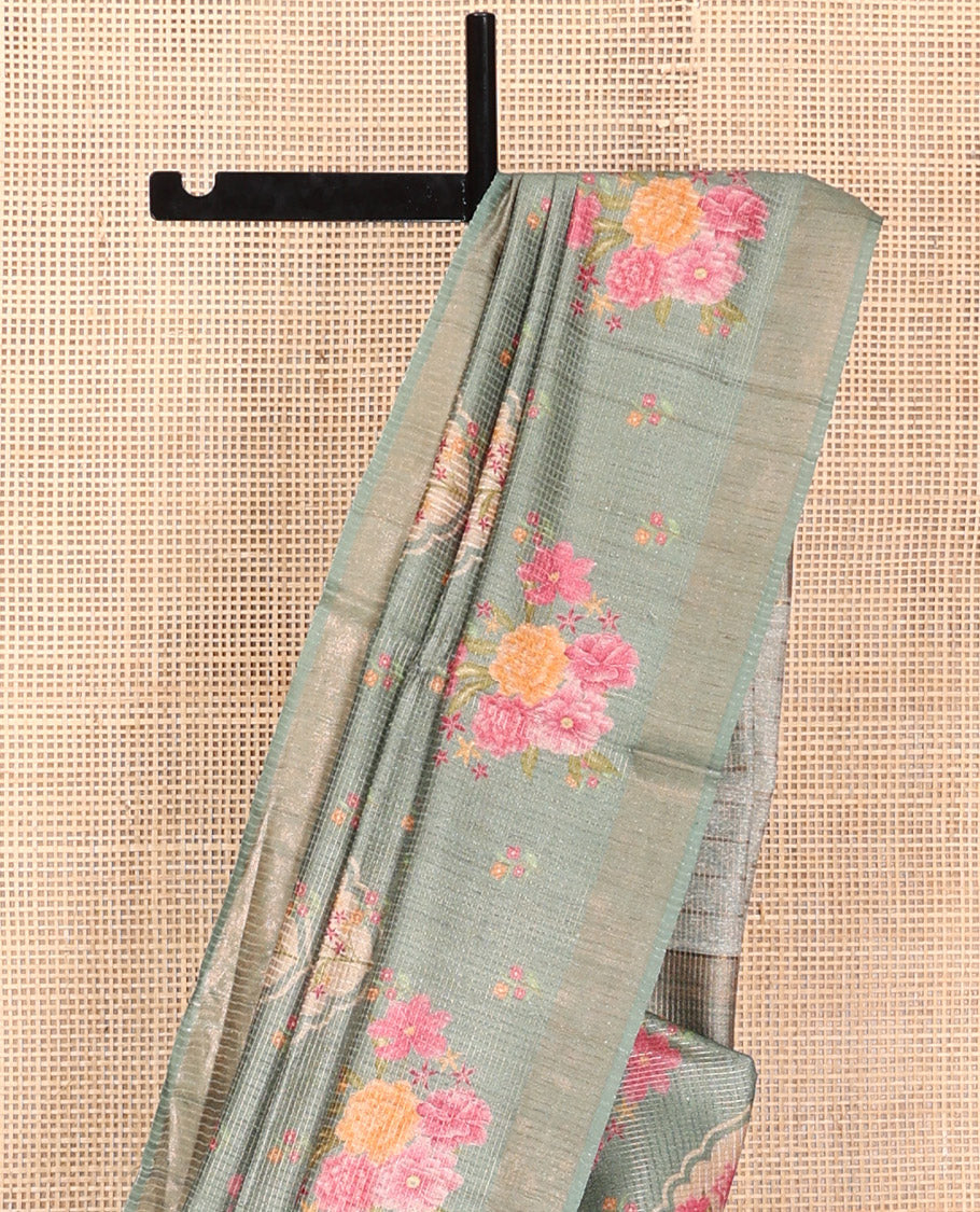 Green Tussar Silk Saree, Embellished with Floral Motifs Print and Sparley Woven Checked Design on Its Body, a Subtle Border, Pallu of Stripes, and Paired with a Matching Blouse