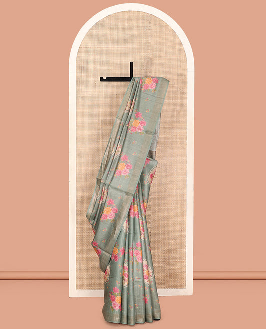 Green Tussar Silk Saree, Embellished with Floral Motifs Print and Sparley Woven Checked Design on Its Body, a Subtle Border, Pallu of Stripes, and Paired with a Matching Blouse