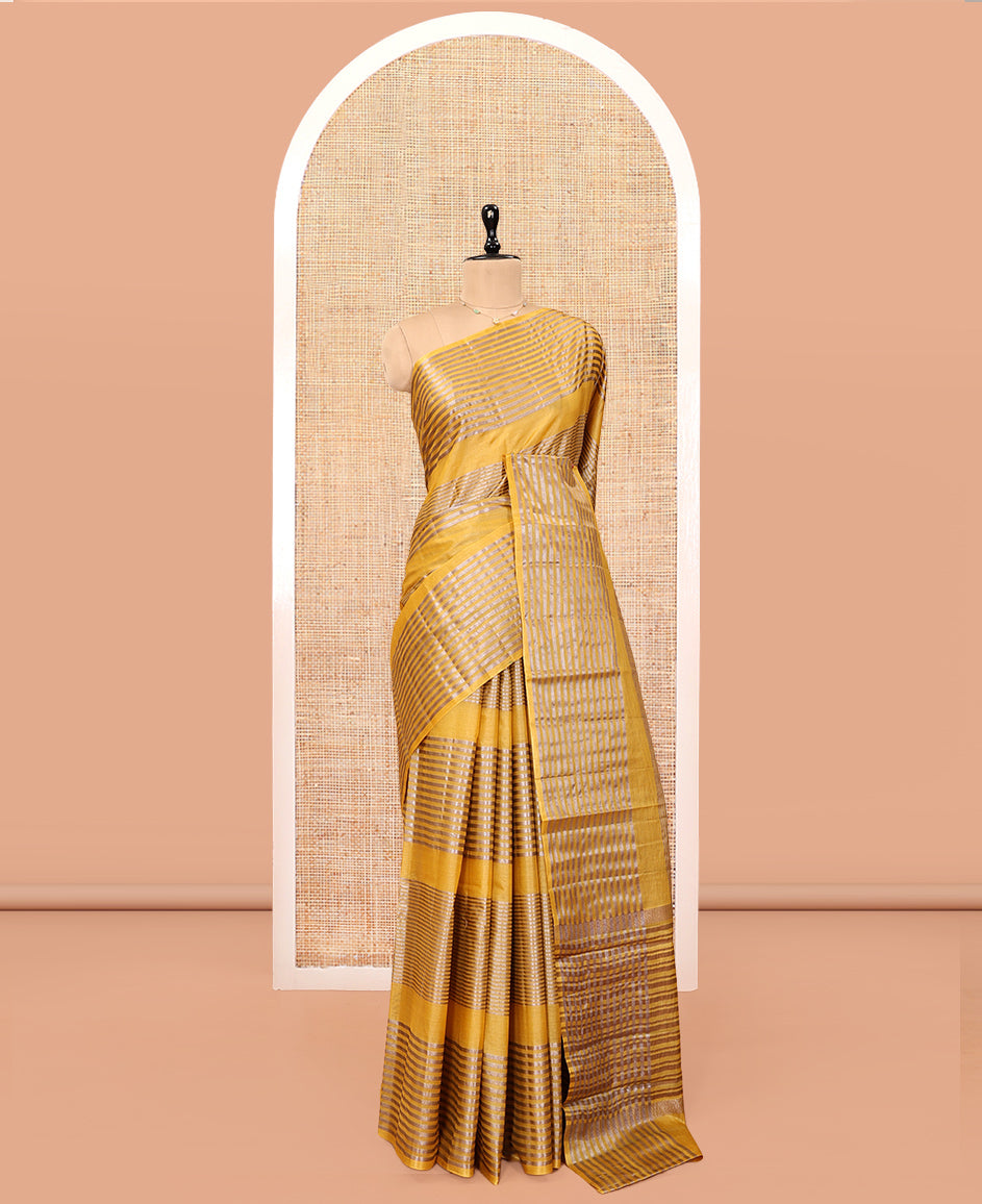 Borderless Mustard Tussar Silk Saree, Detailed with Zari Stripes, Striped Pallu, and a Matching Blouse