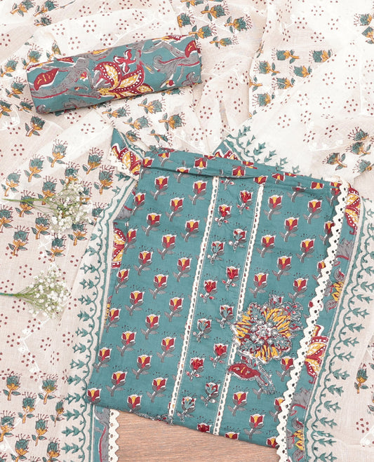 Blue Cotton Material Churidar Set, Decked Up with Floral Print and Embroidery Top, Floral Bottom, and a Printed Dupatta