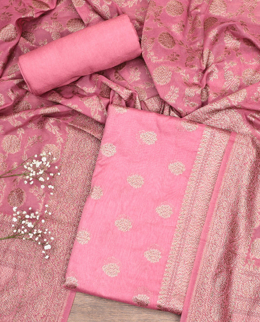 Pink Material Churidar Set, Embellished with Zari Buttas on Its Chanderi Silk Top, a Plain Bottom, and Floral Jaal Dupatta