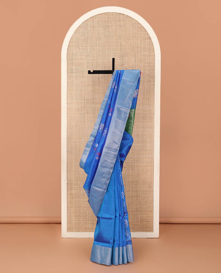 Blue floral zari design Uppada saree, bavanji border, and ogee patterned pallu
