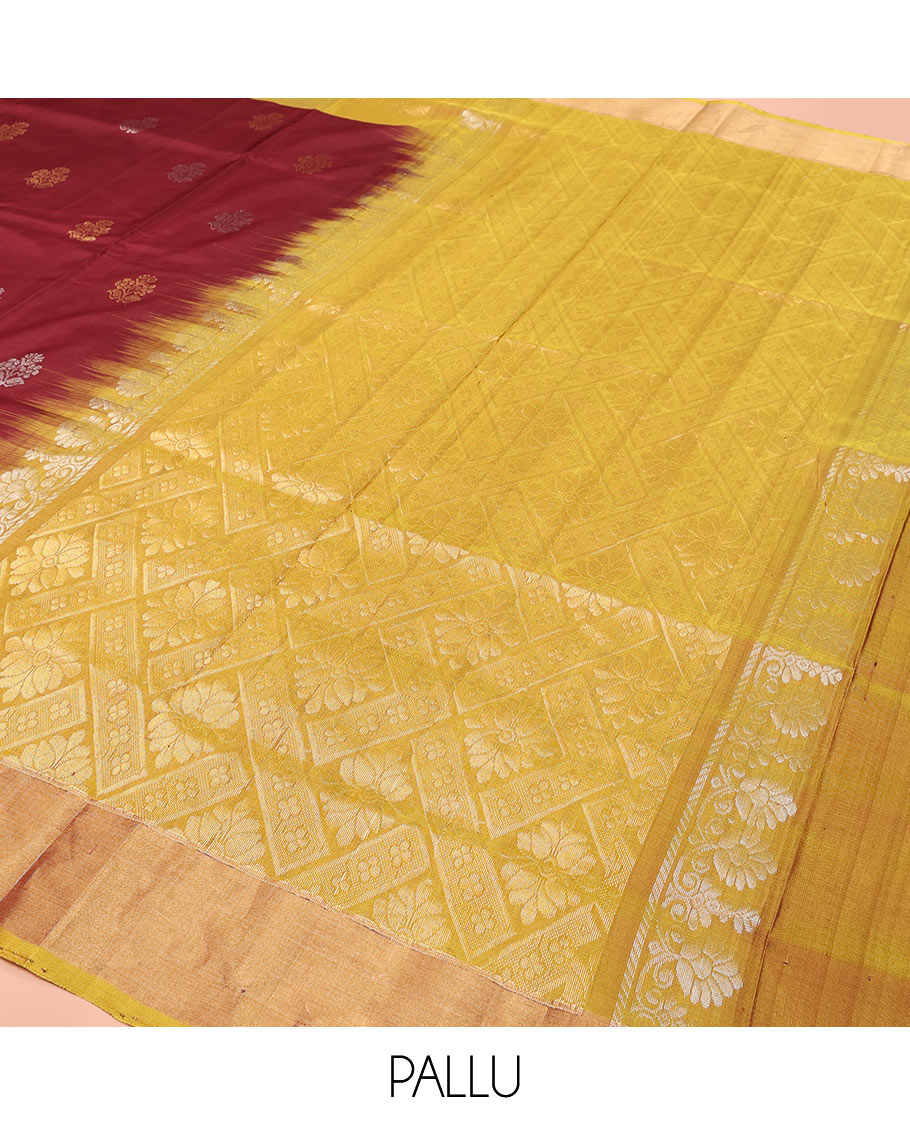 Maroon Uppada Silk Saree Detailed with Floral Zari Buttas, Complemented by a Contrast Border of Floral Butta Enclosed Square Design, Pallu Decked Up with Intricate Designs, and Paired with a Contrast Blouse