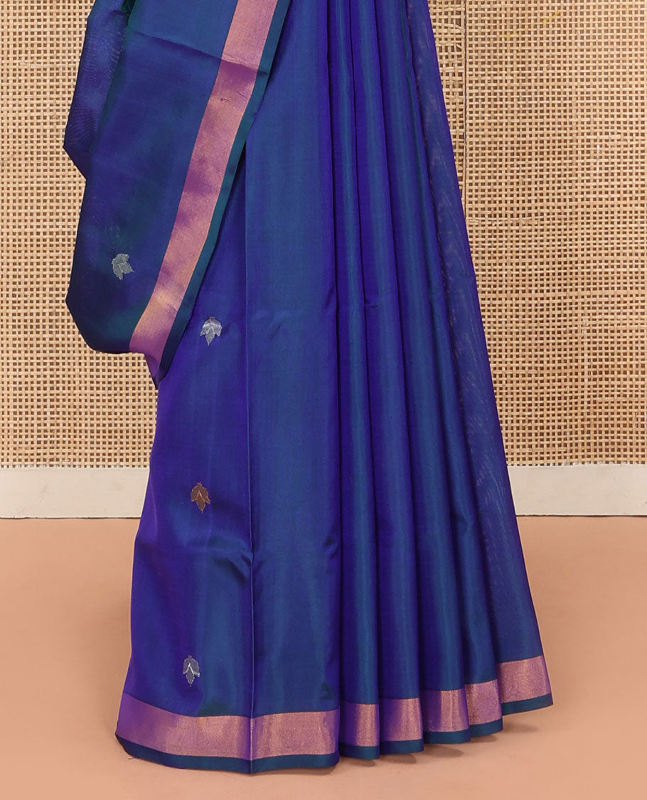 Blue Uppada Silk Saree Featuring Floral Buttas, Subtle Zari Bavanji Border, Pallu Decked Up with Jamdani-Style Floral Motifs, and Paired with a Matching Blouse
