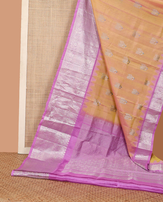 Orange meena peacock buttas Venkatagiri silk saree, contrast traditional zari border, and jaal pallu