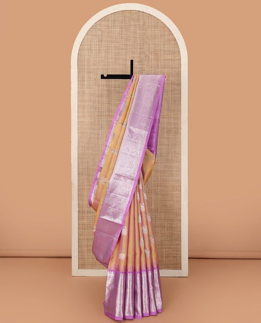 Orange meena peacock buttas Venkatagiri silk saree, contrast traditional zari border, and jaal pallu