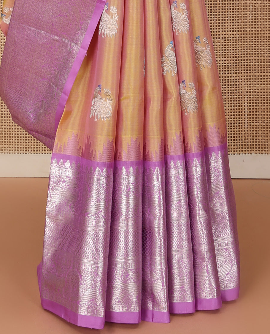 Orange meena peacock buttas Venkatagiri silk saree, contrast traditional zari border, and jaal pallu