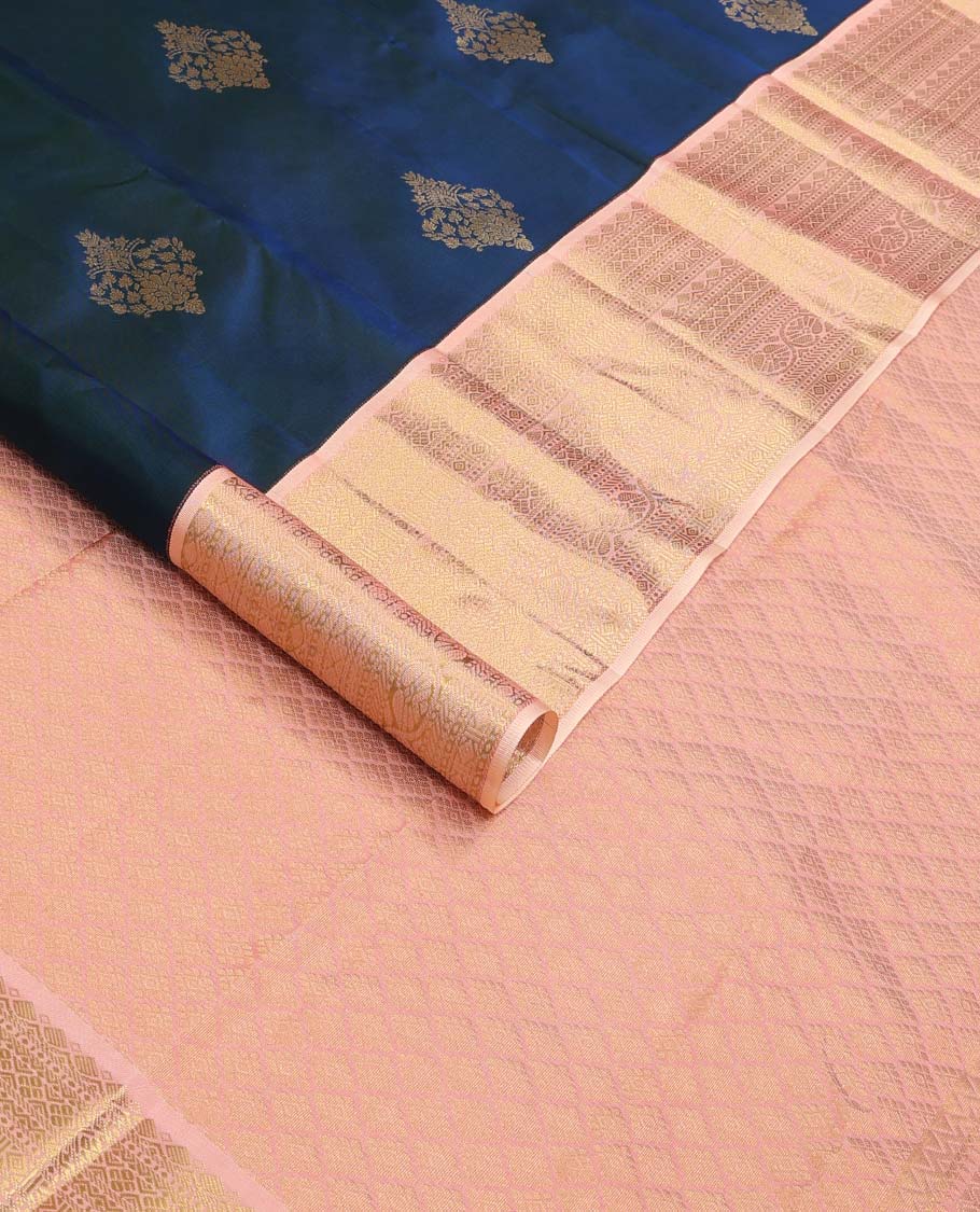 Blue zari buttas Vasundhara silk mix saree, contrast thilakam, neli, diamond, muthu, banaras, and kodi visiry designs, and jaal pallu