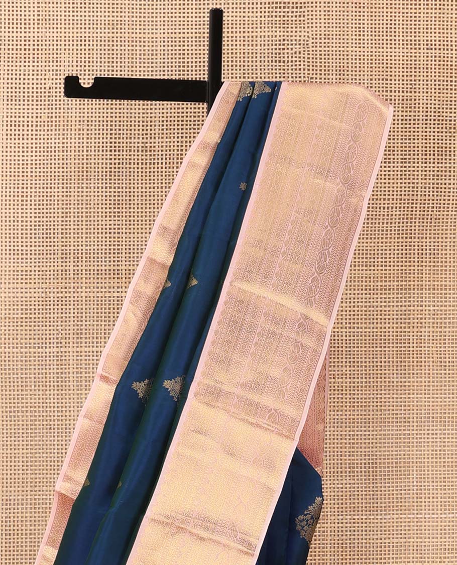 Blue zari buttas Vasundhara silk mix saree, contrast thilakam, neli, diamond, muthu, banaras, and kodi visiry designs, and jaal pallu