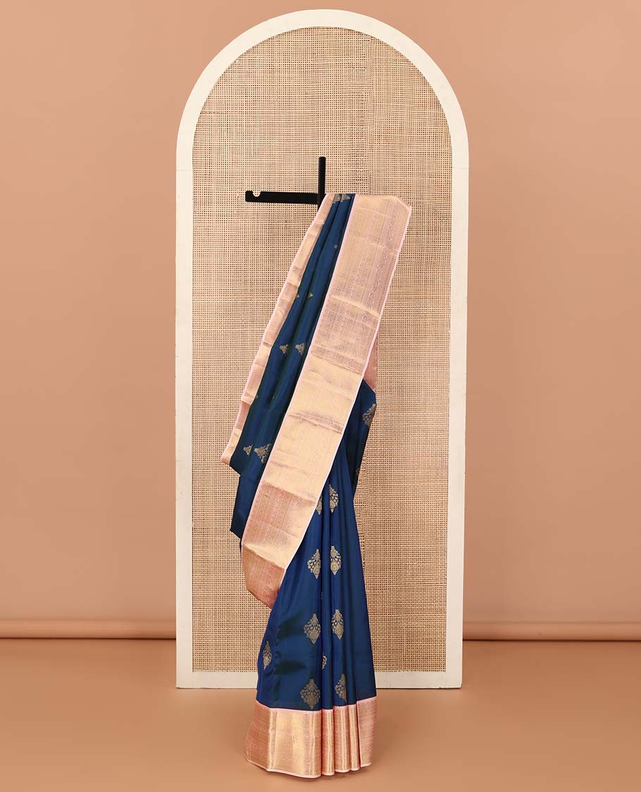 Blue zari buttas Vasundhara silk mix saree, contrast thilakam, neli, diamond, muthu, banaras, and kodi visiry designs, and jaal pallu