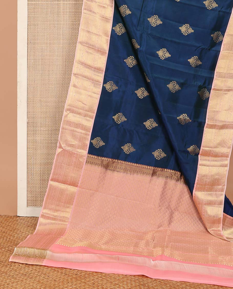 Blue zari buttas Vasundhara silk mix saree, contrast thilakam, neli, diamond, muthu, banaras, and kodi visiry designs, and jaal pallu