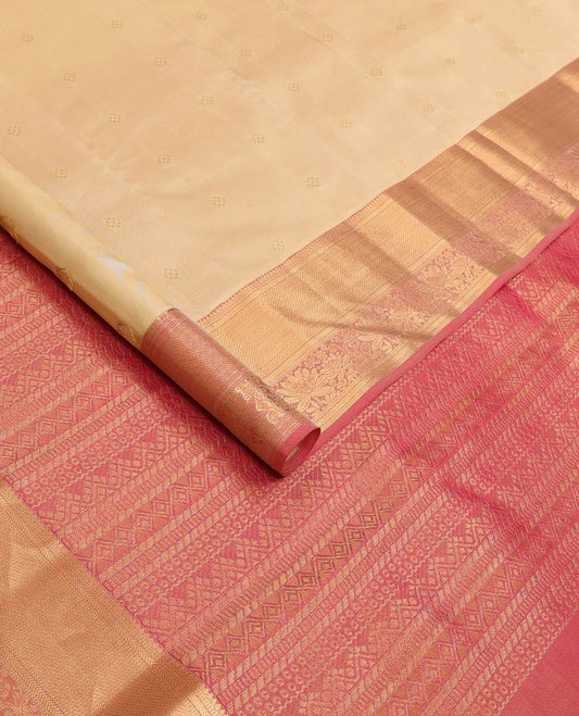 Sandal zari buttas Vasundhara silk mix saree, contrast border of thilakam mokku, kathir, kuyil kann, and kodi visiry designs, and geometric patterned pallu