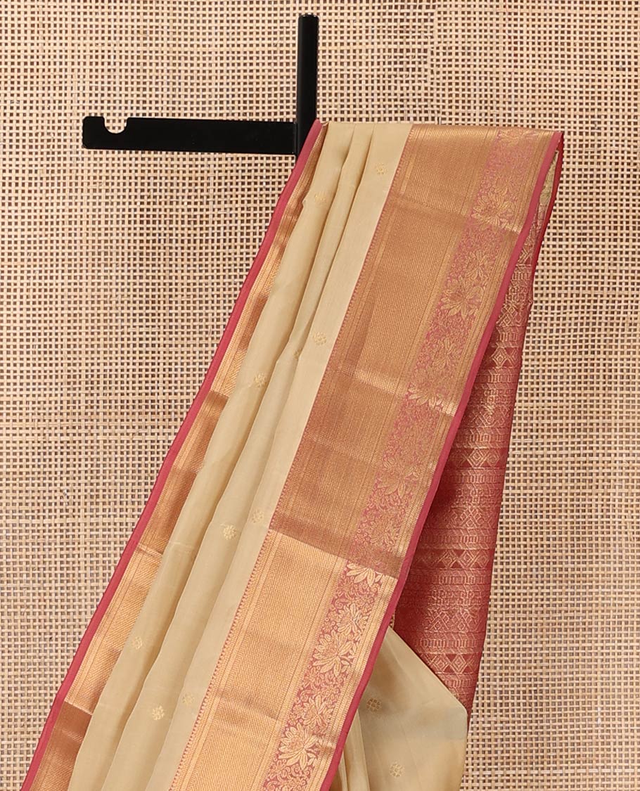 Sandal zari buttas Vasundhara silk mix saree, contrast border of thilakam mokku, kathir, kuyil kann, and kodi visiry designs, and geometric patterned pallu