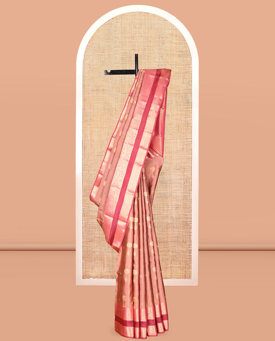 Rosewood Pink Vasundhara Lite Silk Mix Saree, Mesmerized with Zari Buttas, a Contrast Rettai Pettu Border of Rekku, Muthu, Lavangam, Poun, and Kodi Visiry Designs, Grand Pallu, and a Contrast Blouse