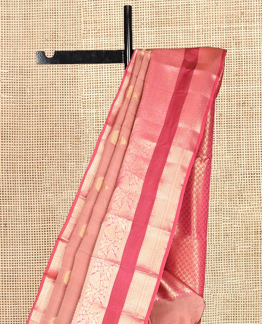 Rosewood Pink Vasundhara Lite Silk Mix Saree, Mesmerized with Zari Buttas, a Contrast Rettai Pettu Border of Rekku, Muthu, Lavangam, Poun, and Kodi Visiry Designs, Grand Pallu, and a Contrast Blouse