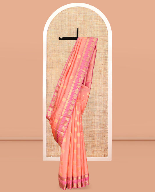 Pink Vasundhara Lite Silk Mix Saree, Embellished with Mayil Buttas, a Contrast Border of Mayil Kann and Annam Designs, Grand Pallu, and a Contrast Blouse