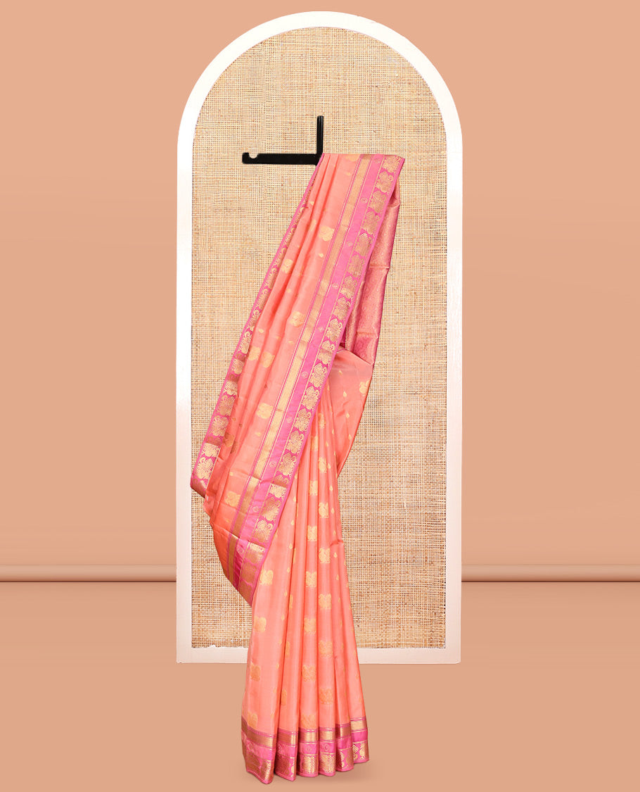 Pink Vasundhara Lite Silk Mix Saree, Embellished with Mayil Buttas, a Contrast Border of Mayil Kann and Annam Designs, Grand Pallu, and a Contrast Blouse
