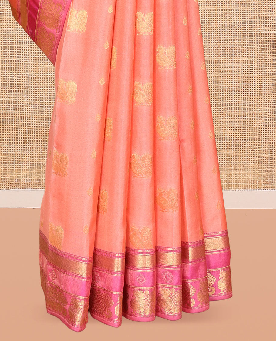 Pink Vasundhara Lite Silk Mix Saree, Embellished with Mayil Buttas, a Contrast Border of Mayil Kann and Annam Designs, Grand Pallu, and a Contrast Blouse
