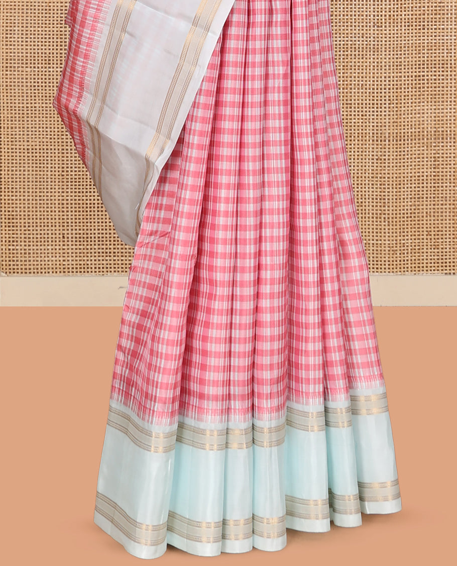 Red-White Checked Vasundhara Lite Silk Mix Saree, a Contrast Rettai Pettu Traditional Zari Border, Zari Striped Pallu, and a Contrast Blouse