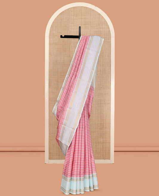 Red-White Checked Vasundhara Lite Silk Mix Saree, a Contrast Rettai Pettu Traditional Zari Border, Zari Striped Pallu, and a Contrast Blouse