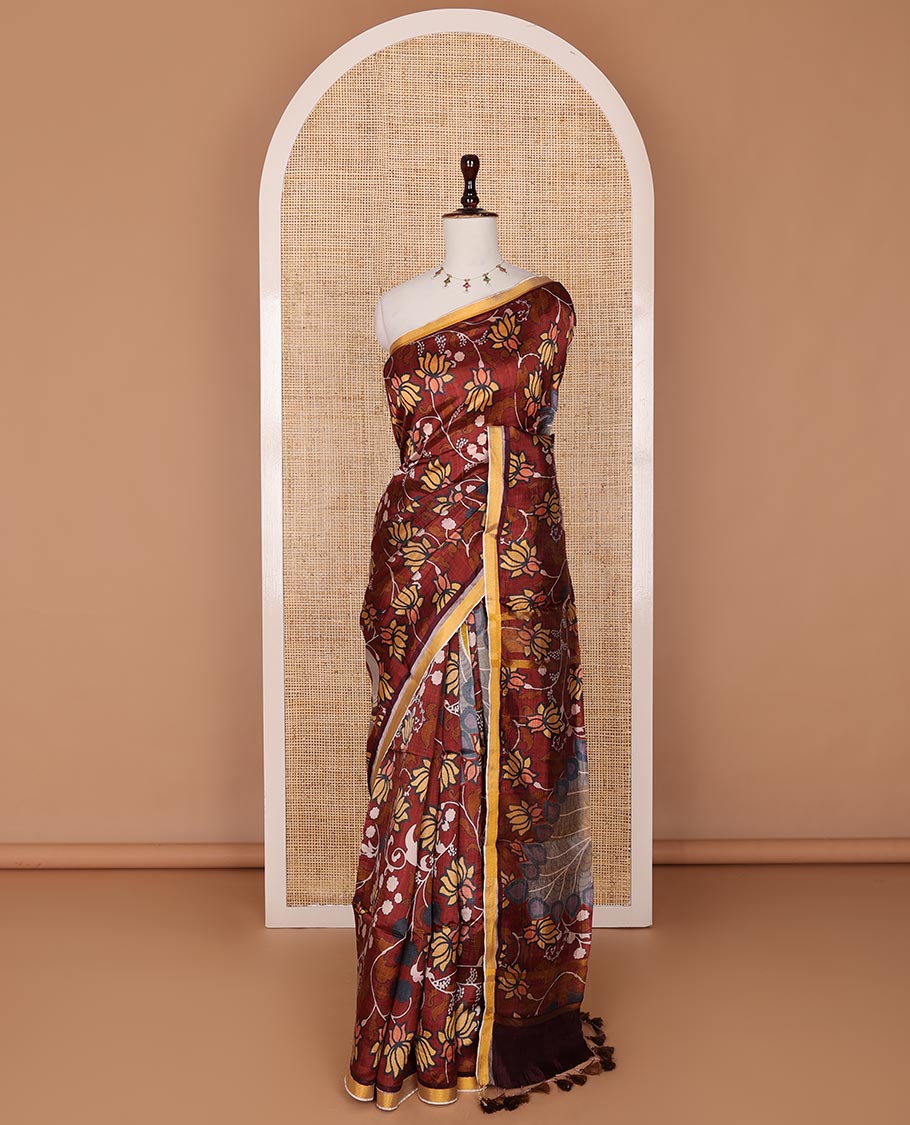 Maroon Pichwai lotus vine digital printed banana pith saree, contrast plain piping border, and lotus vine printed pallu
