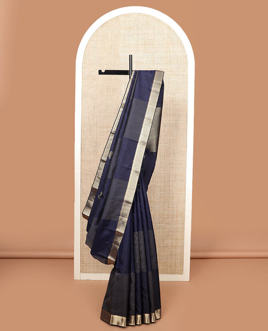 Navy blue zari design silk saree, zari border of salngai and muthu designs, and zari design pallu