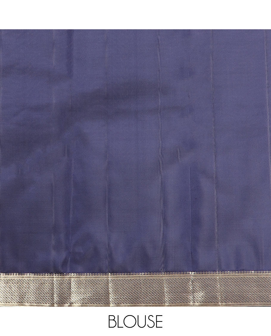 Navy blue zari design silk saree, zari border of salngai and muthu designs, and zari design pallu
