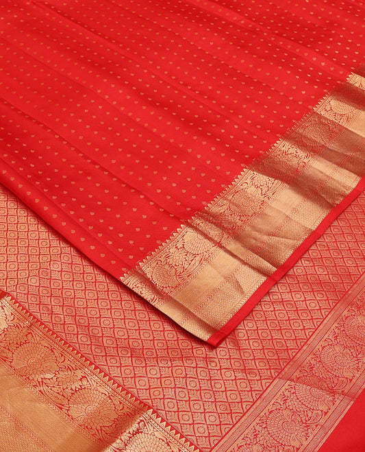 Red zari buttas silk saree, jaal pallu & zari border of rekku, kathir, kodi visiry, zari stripes & mayil kann designs
