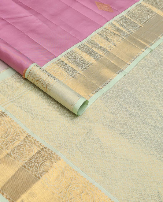 Pink zari buttas silksaree, contrast border of kathir, floral & round mayil designs & zari-rich jaal pallu