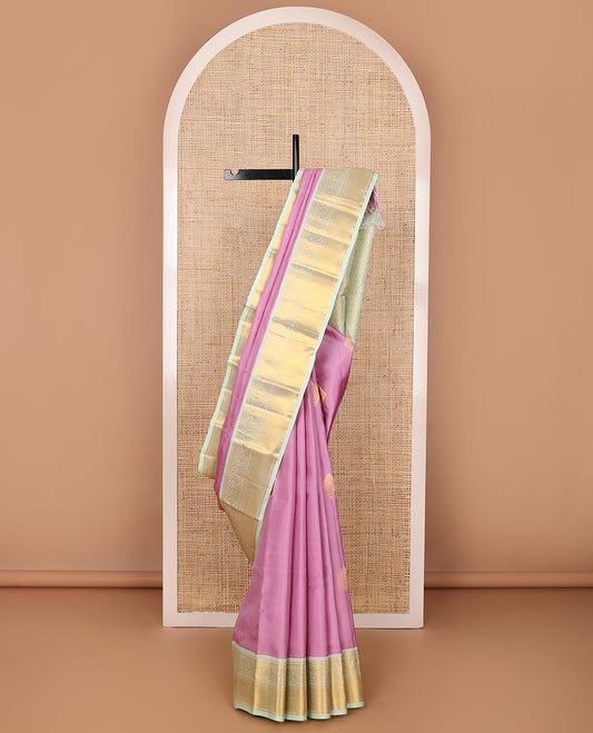 Pink zari buttas silksaree, contrast border of kathir, floral & round mayil designs & zari-rich jaal pallu