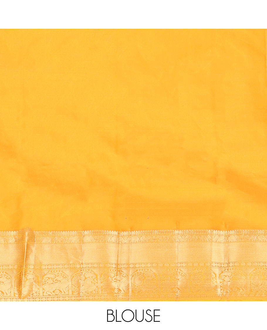 Yellow yaanai & singam buttas silksaree,zari border of thilakam,yaanai,mayil kann,rudraksham,muthu, mayil & yaali & butta enclosed checked pallu