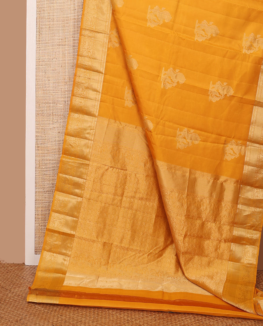 Yellow yaanai & singam buttas silksaree,zari border of thilakam,yaanai,mayil kann,rudraksham,muthu, mayil & yaali & butta enclosed checked pallu