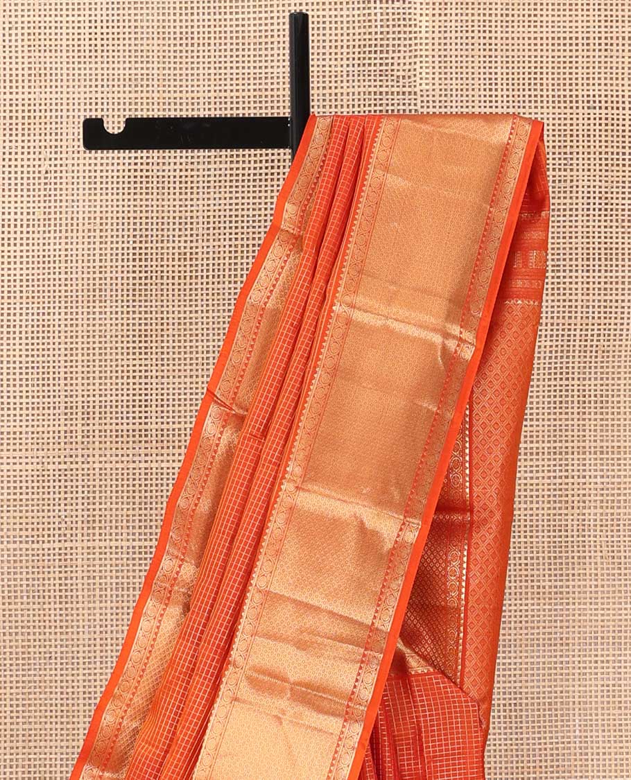 Orange zari micro checked silk saree, zari border of rekku, banaras, kodi visiry, and jaal design, and jaal pallu
