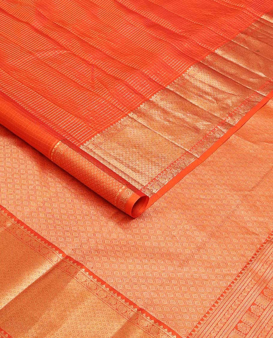 Orange zari micro checked silk saree, zari border of rekku, banaras, kodi visiry, and jaal design, and jaal pallu