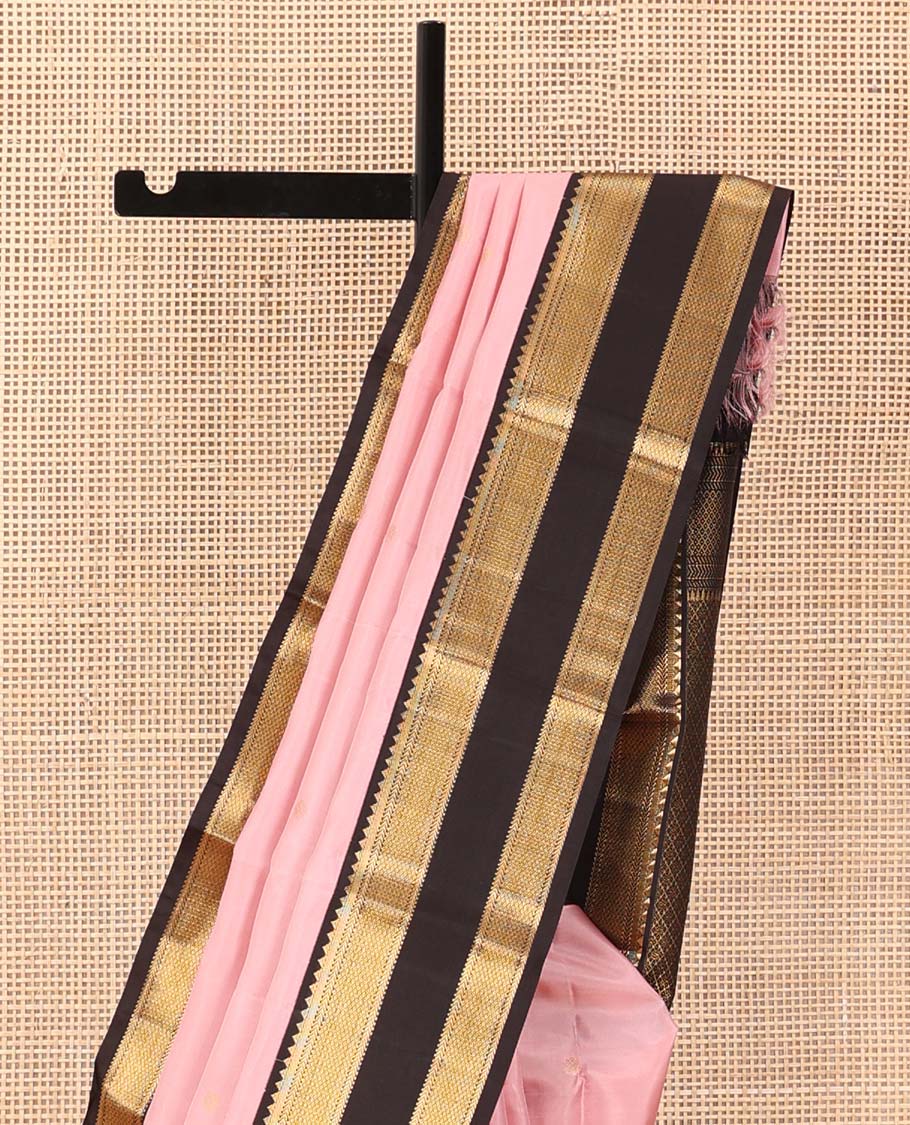 Baby pink zari buttas silk saree, contrast rettai pettu border of rekku, muthu, kathir, and mayil kann, and zari rich jaal pallu