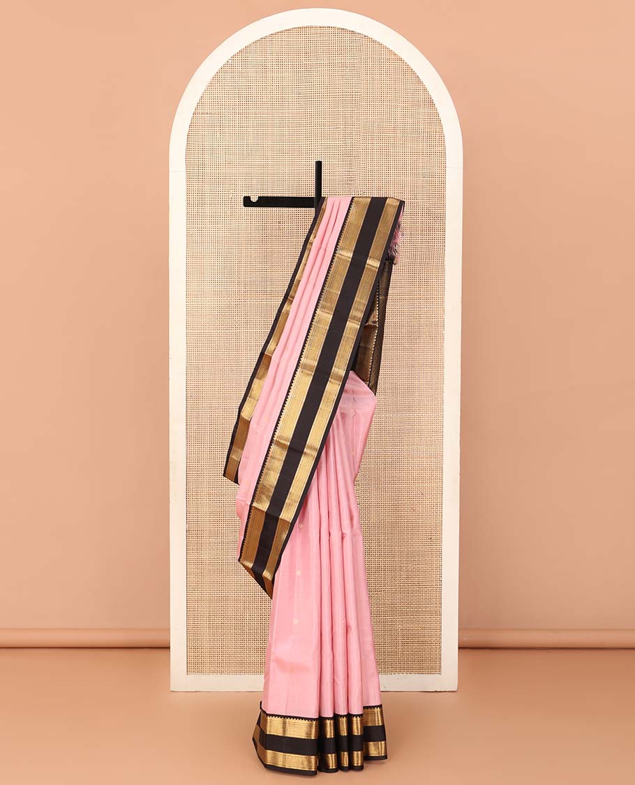 Baby pink zari buttas silk saree, contrast rettai pettu border of rekku, muthu, kathir, and mayil kann, and zari rich jaal pallu