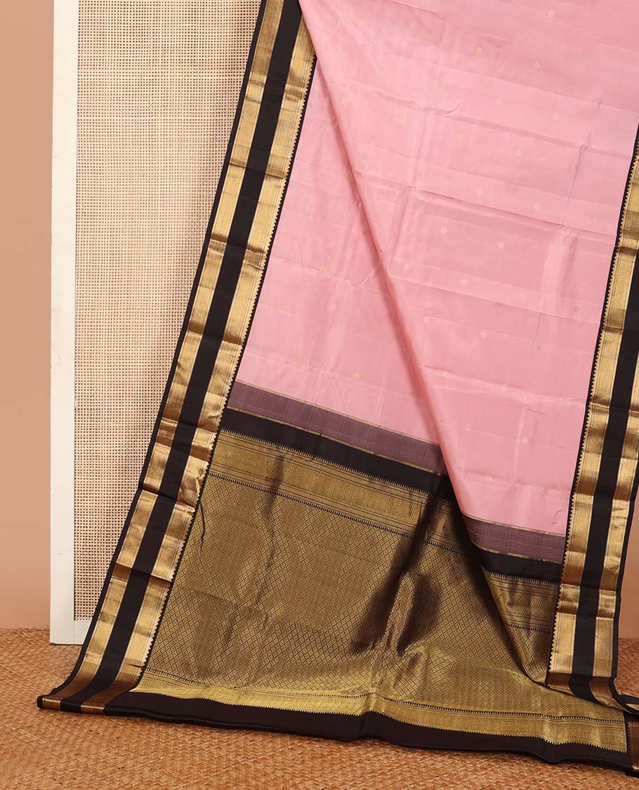 Baby pink zari buttas silk saree, contrast rettai pettu border of rekku, muthu, kathir, and mayil kann, and zari rich jaal pallu