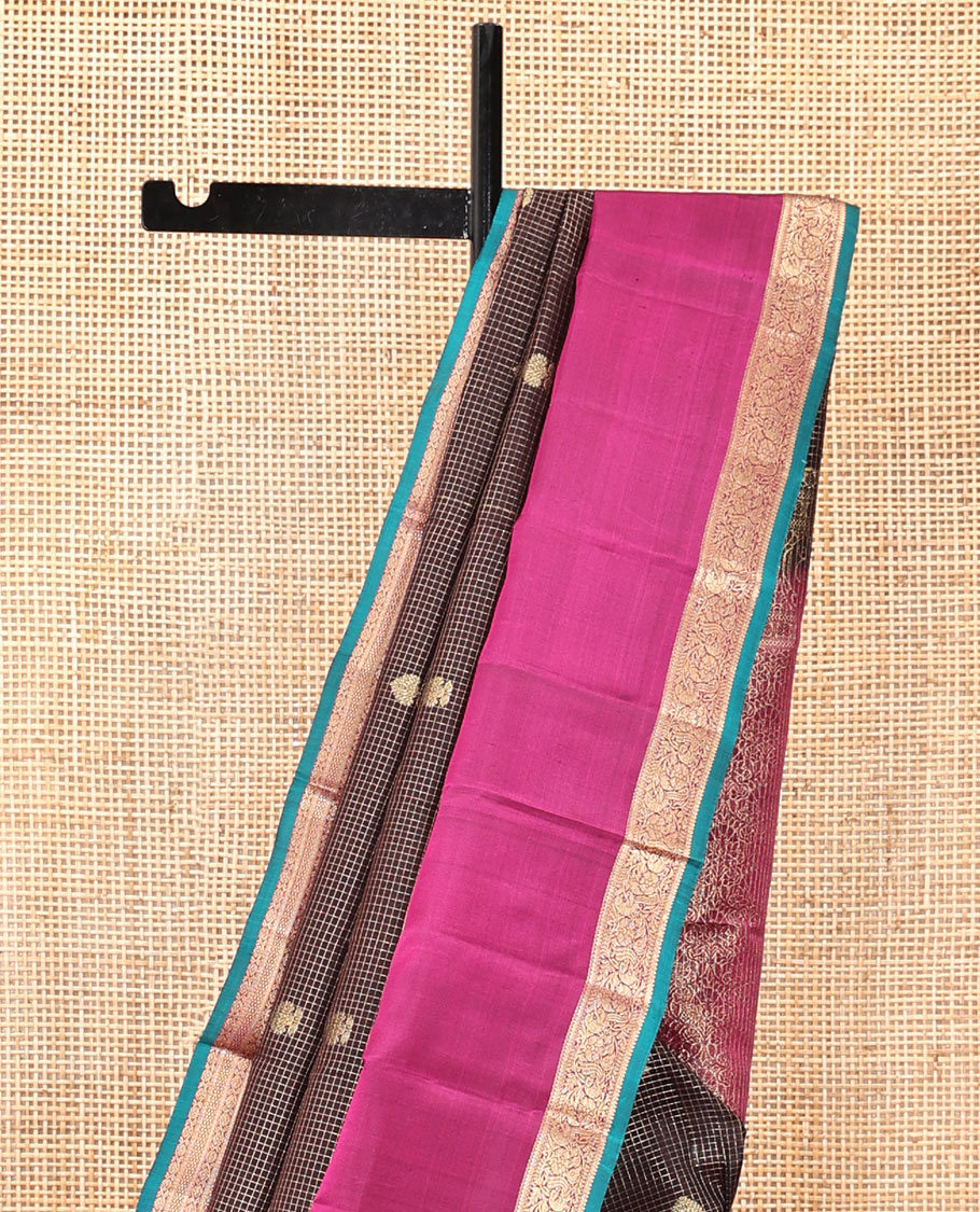 Brown Vasundhara Silk Saree, Elegantly Highlighted with Zari Buttas and Checks, a Contrast Temple Rettai Pettu Border of Thilakam Mokku, and Mayil, Intricate Pallu, and a Contrast Blouse
