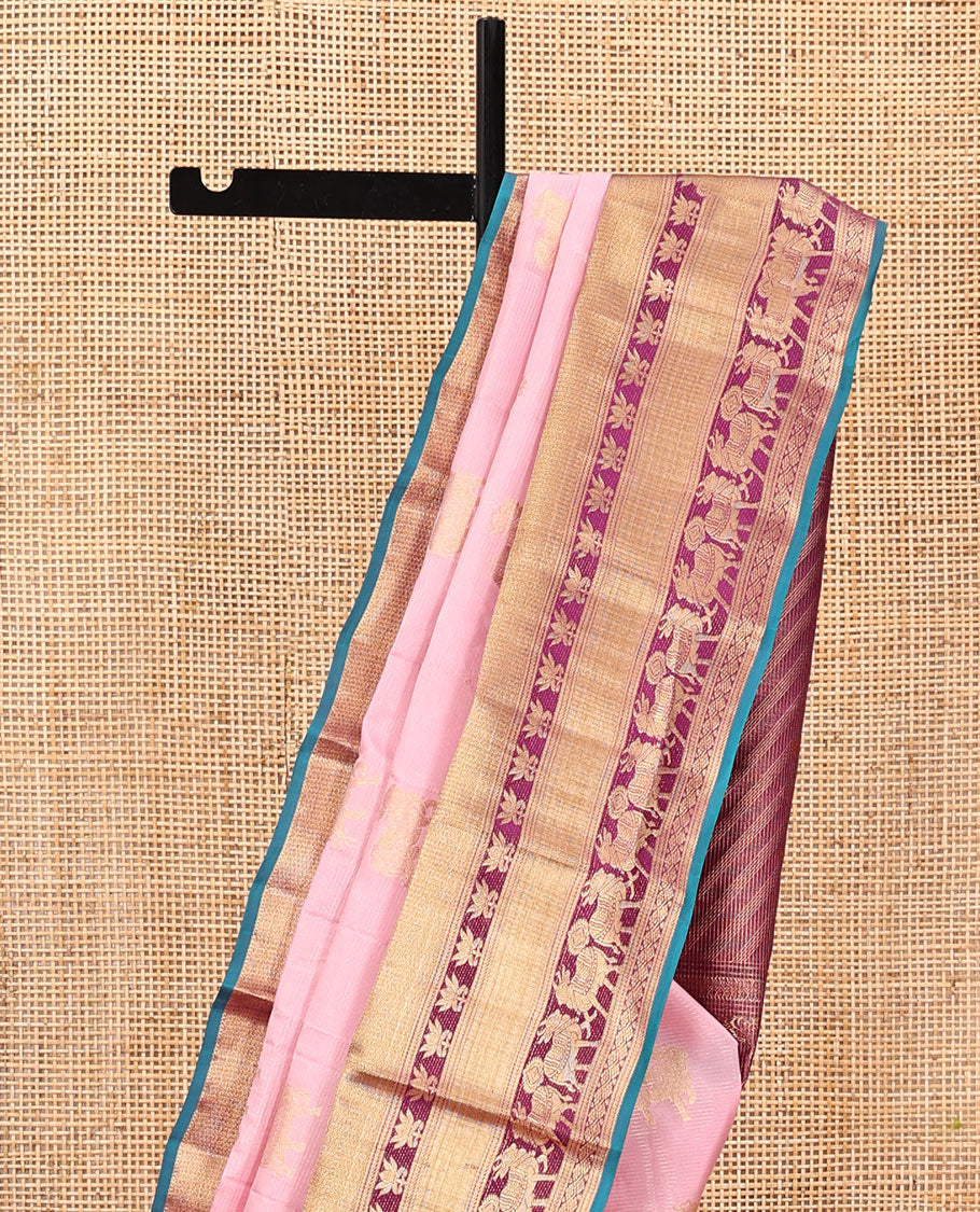 Pink Vasundhara Silk Saree, Gleamed Up with Pichwai Cow and Lotus Buttas, a Contrast Border of Rekku, Mayil Kann, Vanki, Lotus, and Cow Designs, Grand Pallu, and a Contrast Blouse