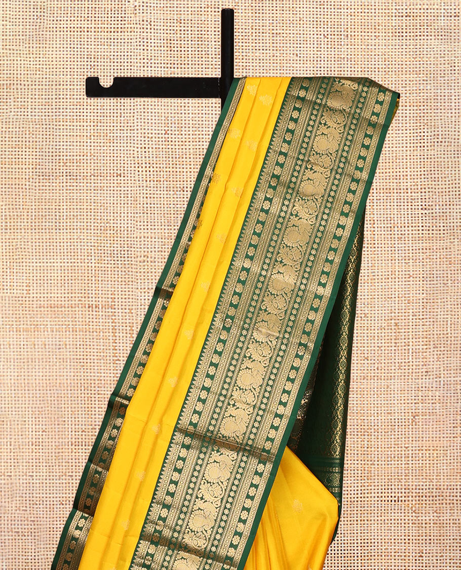 Yellow Vasundhara Silk Saree, Sparsely Woven with Zari Buttas, Contrast Border of Rekku, Kamalam, and Mayil Designs, Grand Pallu, and a Contrast Blouse