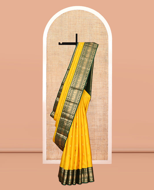 Yellow Vasundhara Silk Saree, Sparsely Woven with Zari Buttas, Contrast Border of Rekku, Kamalam, and Mayil Designs, Grand Pallu, and a Contrast Blouse