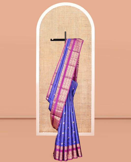 Blue Vasundhara Silk Saree, Enthralled with Zari Buttas and Checks, Contrast Border of Rekku, Muthu, Banaras, Mayil, and Chakram Designs, Grand Pallu, and Contrast Blouse