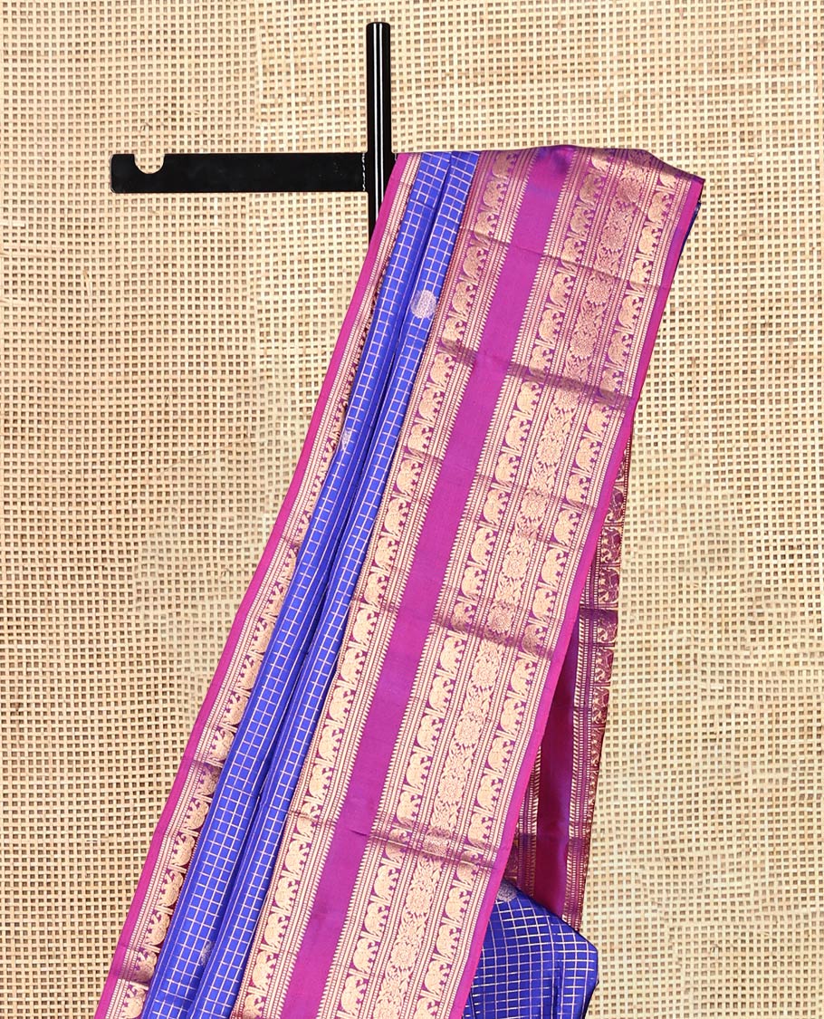 Blue Vasundhara Silk Saree, Enthralled with Zari Buttas and Checks, Contrast Border of Rekku, Muthu, Banaras, Mayil, and Chakram Designs, Grand Pallu, and Contrast Blouse