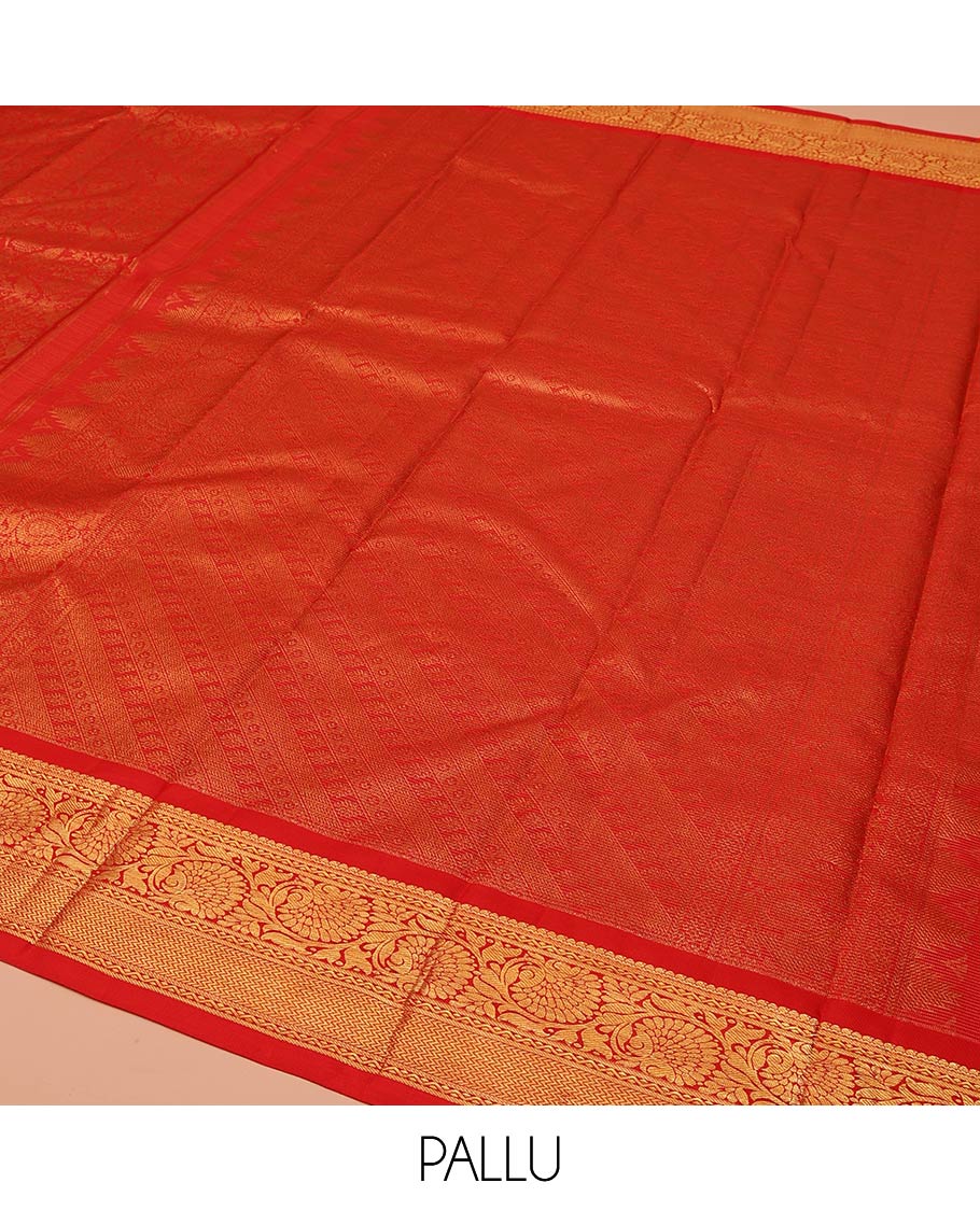 Rust Kanchipuram Wedding Silk Saree, Elevated with Jacquard Design On Its Body, Highlighted by Zari Border of Kodi Visiry, Neli, and Vanki Designs, Delicately Woven Pallu, and Paired with a Matching Blouse